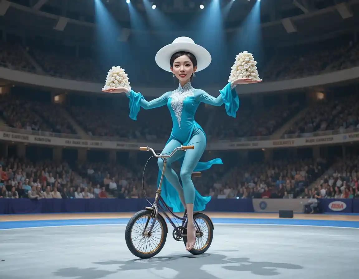 Asian woman balancing on unicycle in a gymnasium