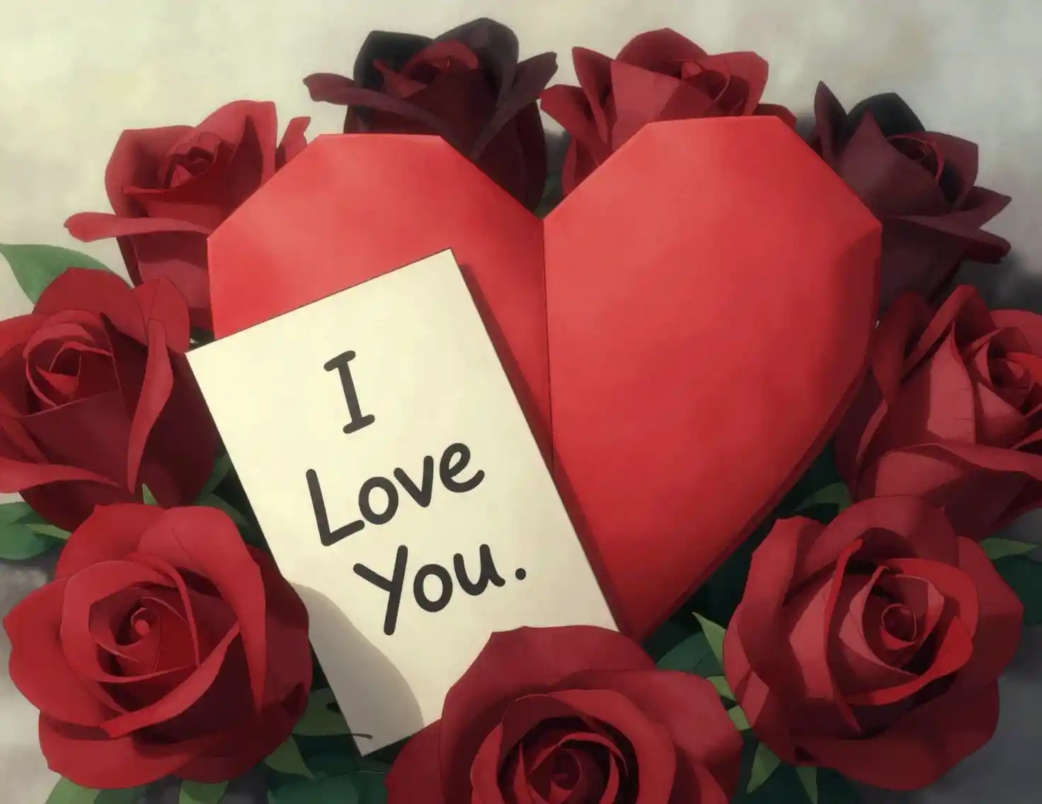 Cute anime love note with red origami heart and roses