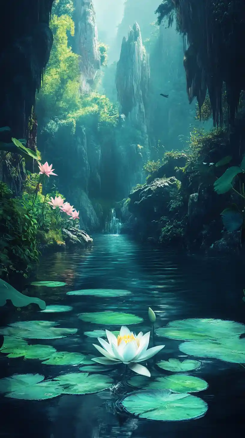 Mystic turquoise silence rising from a fantasy pond
