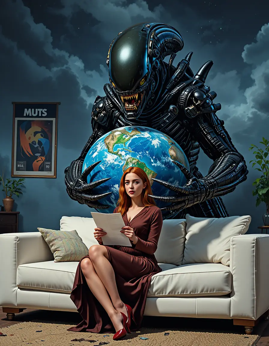Woman with auburn hair sitting on a white studio sofa