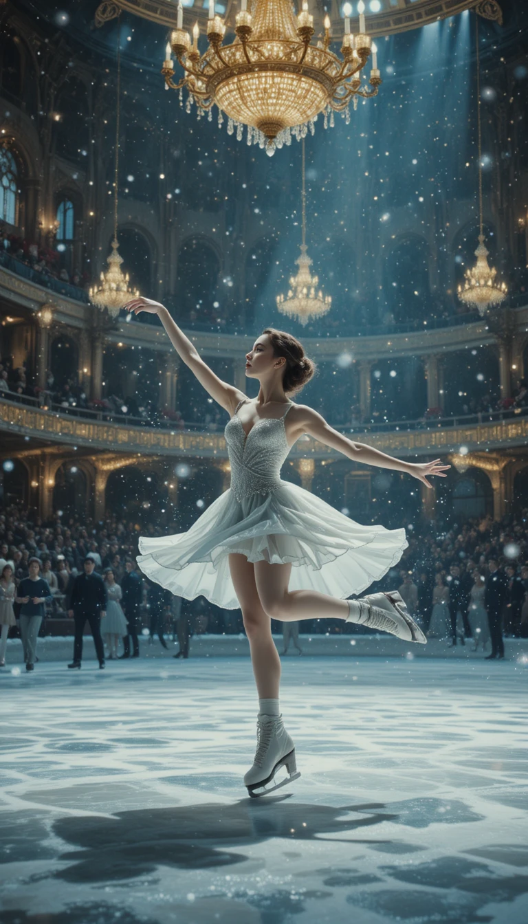 Elegant ice skater performing in a grand vintage arena