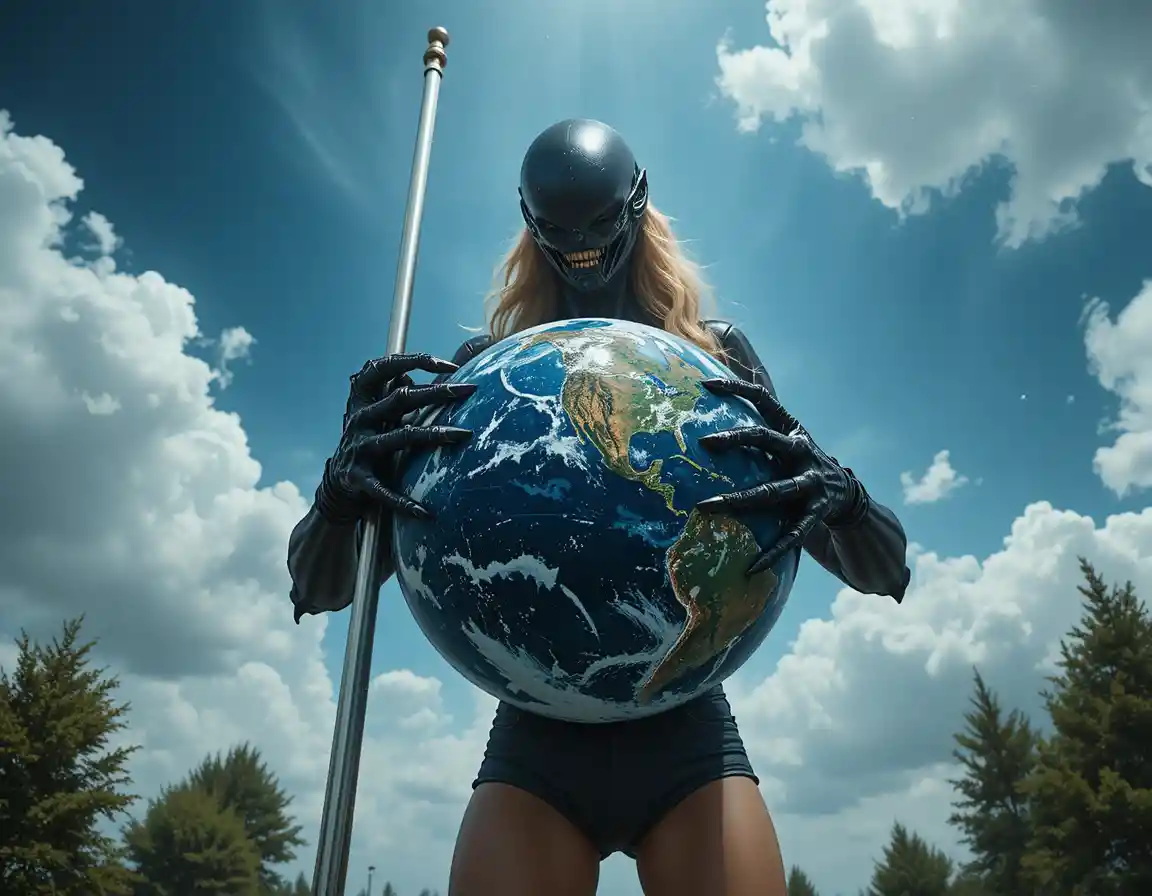 Blonde woman in denim shorts raising a flagpole outdoors