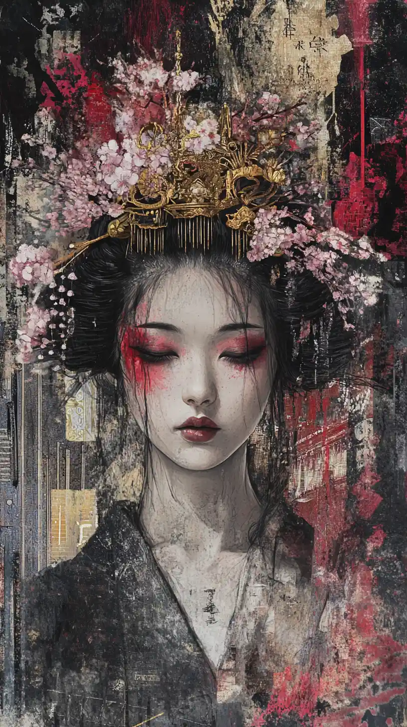 Geisha portrait amid decaying rain soaked urban cityscape