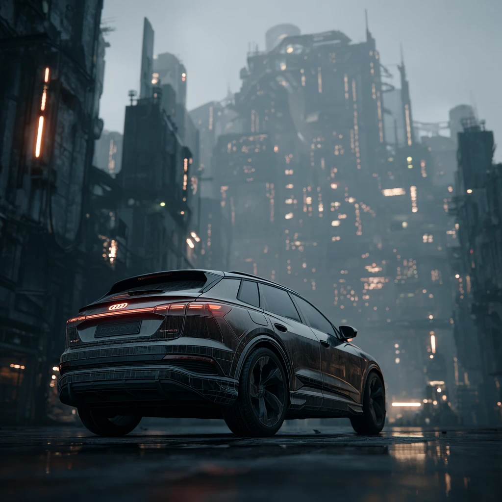 SUV futurista de Audi en una metrópolis sci-fi distópica