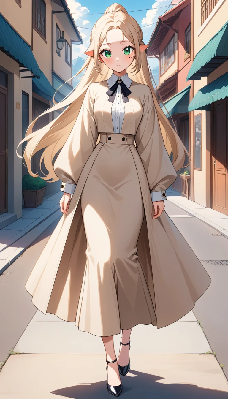 Confident anime woman standing outdoors in bright sunlight