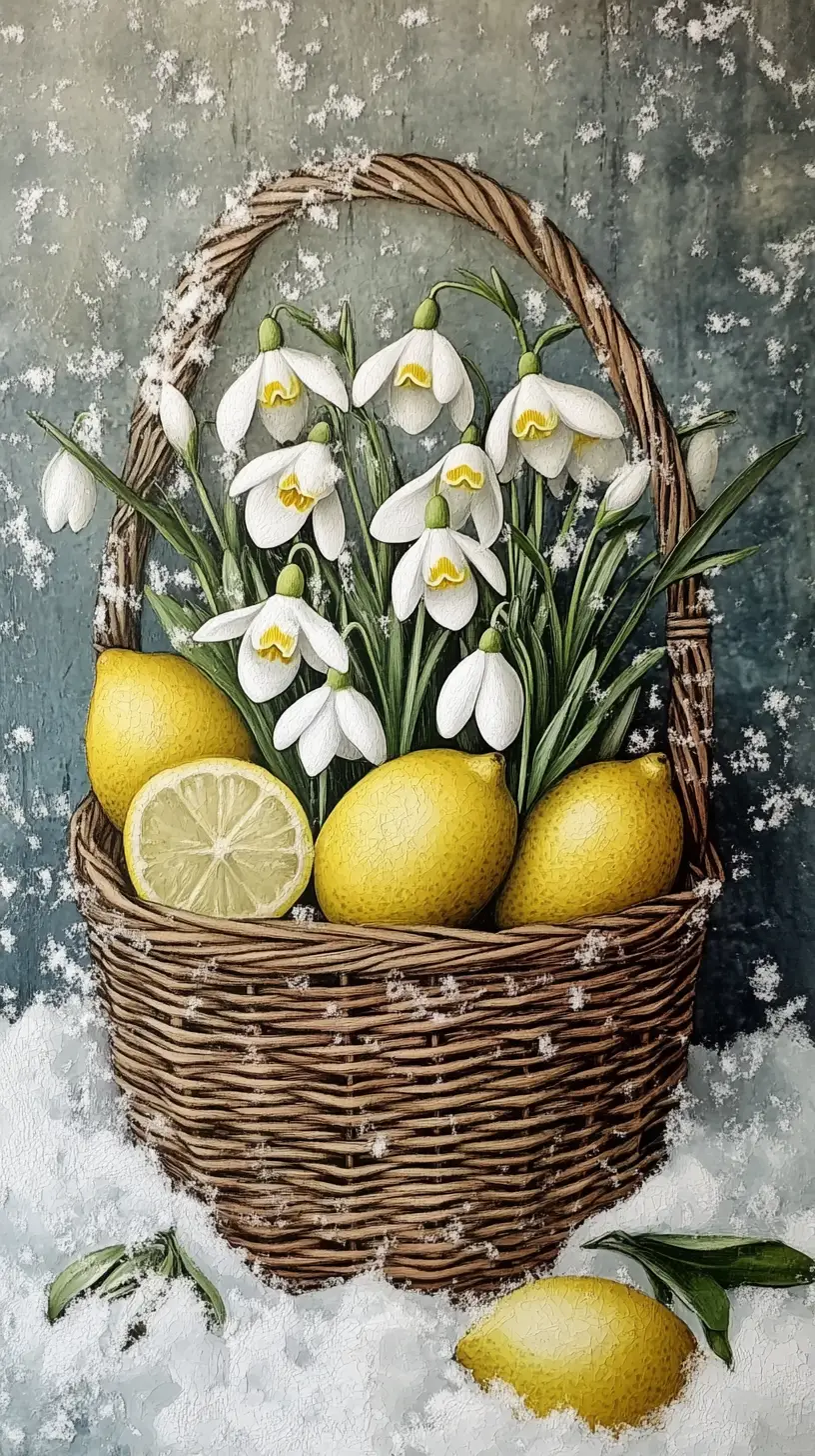 Basket Of Spring Flowers And Lemons Resting In Snow