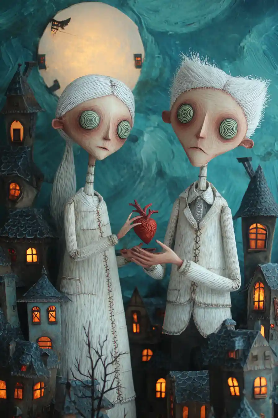 Whimsical gothic couple conjuring hearts under full moon