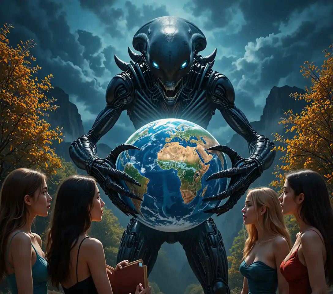 Alien creature looming over Earth in outer space