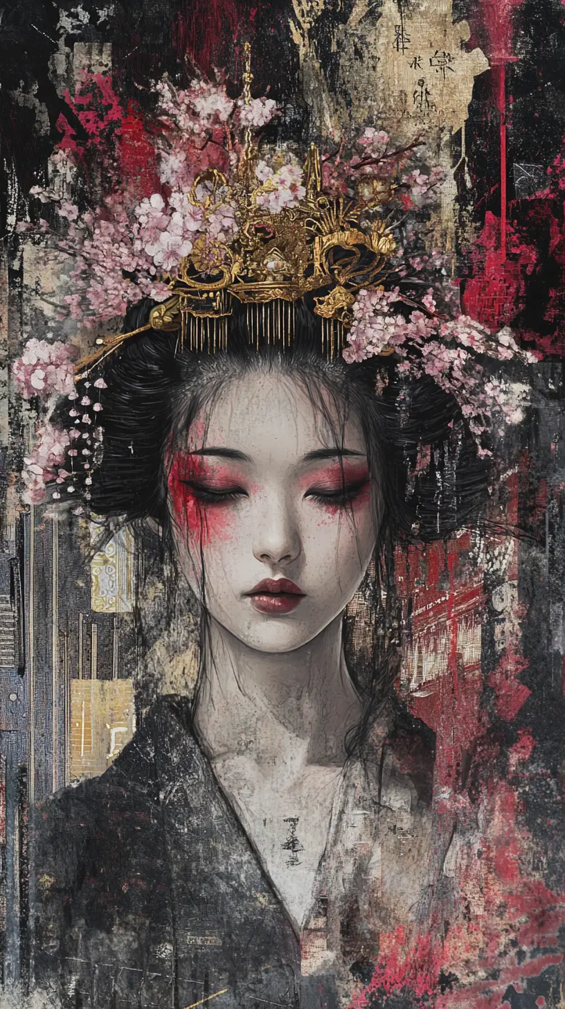 Geisha portrait amid decaying rain soaked urban cityscape