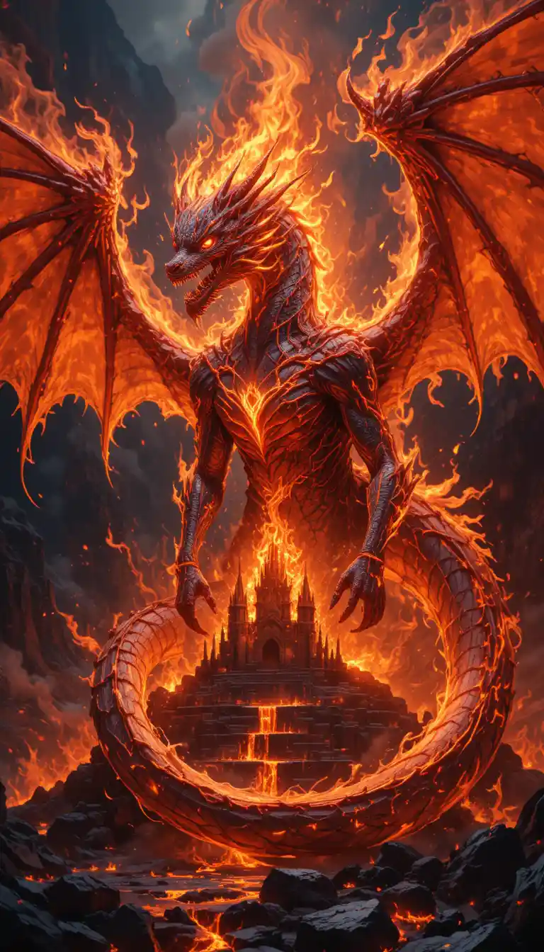 Dragón fundido enroscado alrededor de un ardiente trono volcánico