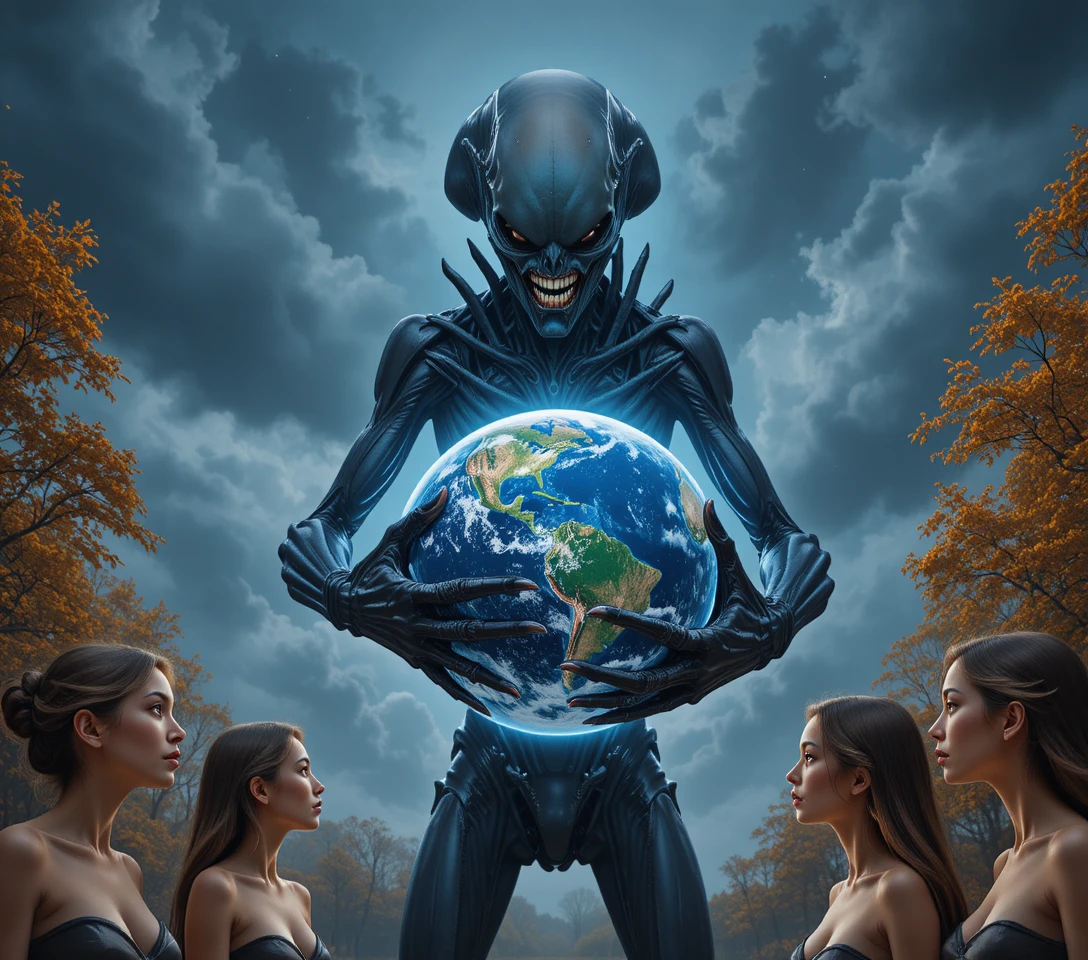 Alien creature looming over Earth in dark outer space