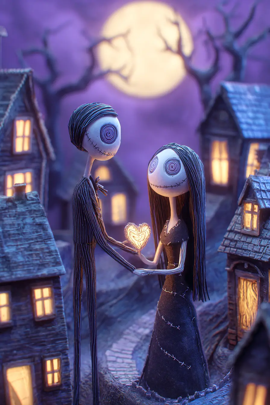 Gothic doll couple holding a heart under full moon