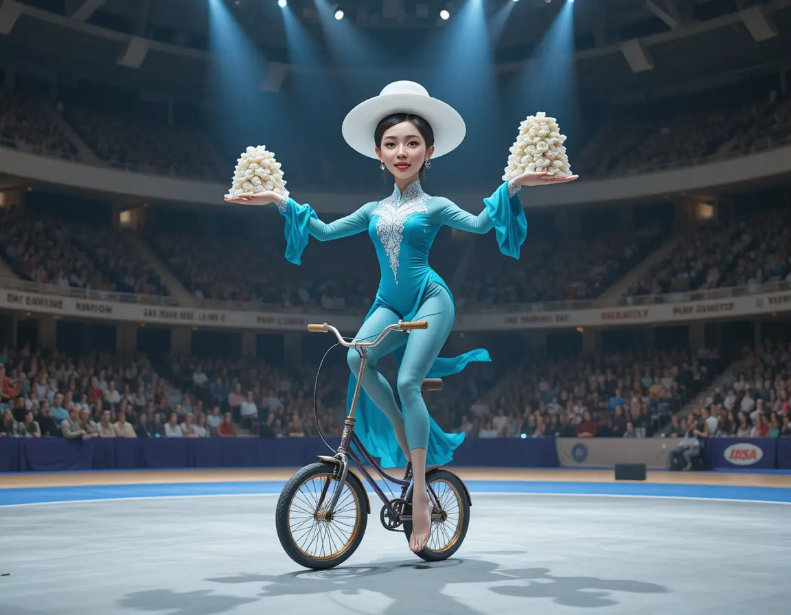 Asian woman balancing on unicycle in a gymnasium
