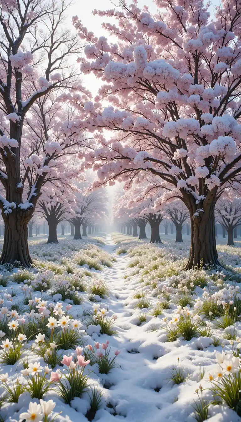 Cherry blossoms and snow in a magical spring winter landscape