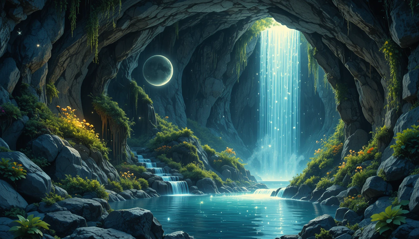 Enchanted Waterfall Grotto With Glowing Magical Flora
