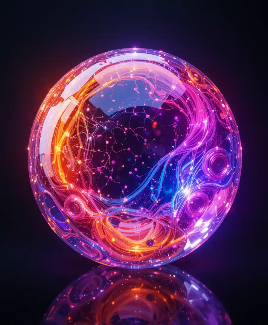 Glass orb with neon colors in a dark abstract space