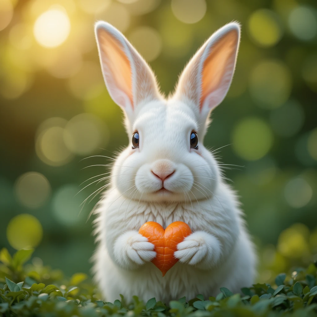 White rabbit holding a heart shaped carrot close up