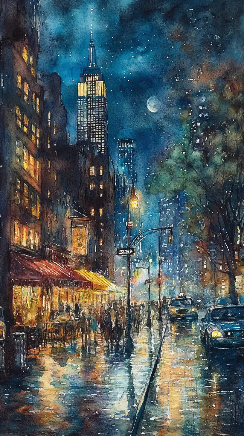 Watercolor city street scene in New York at night