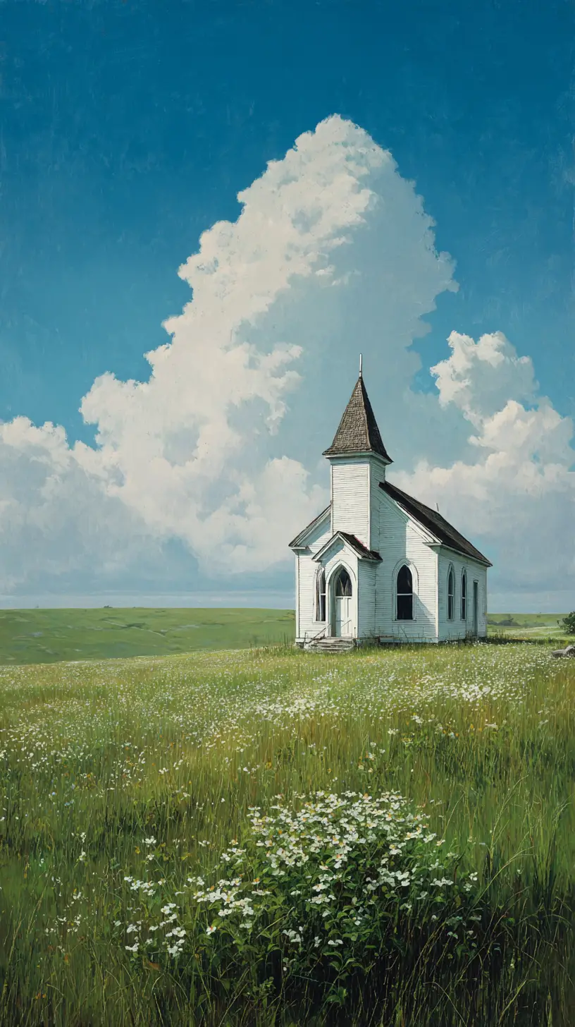 White country church on vast pastoral meadow under blue sky
