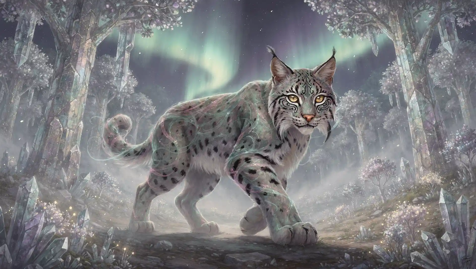 Mystical Lynx Walking Through Inverted Crystal Forest