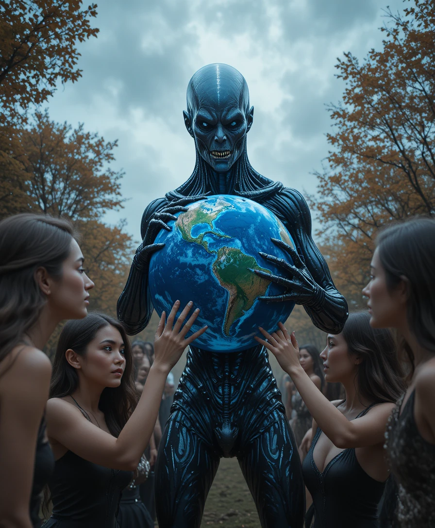 Terrifying alien clutching planet Earth in outer space