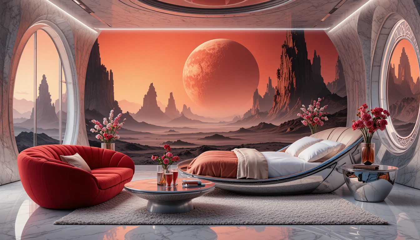 Futuristisches Wohnzimmer mit rotem Sofa und Wand mit Alien-Landschaft