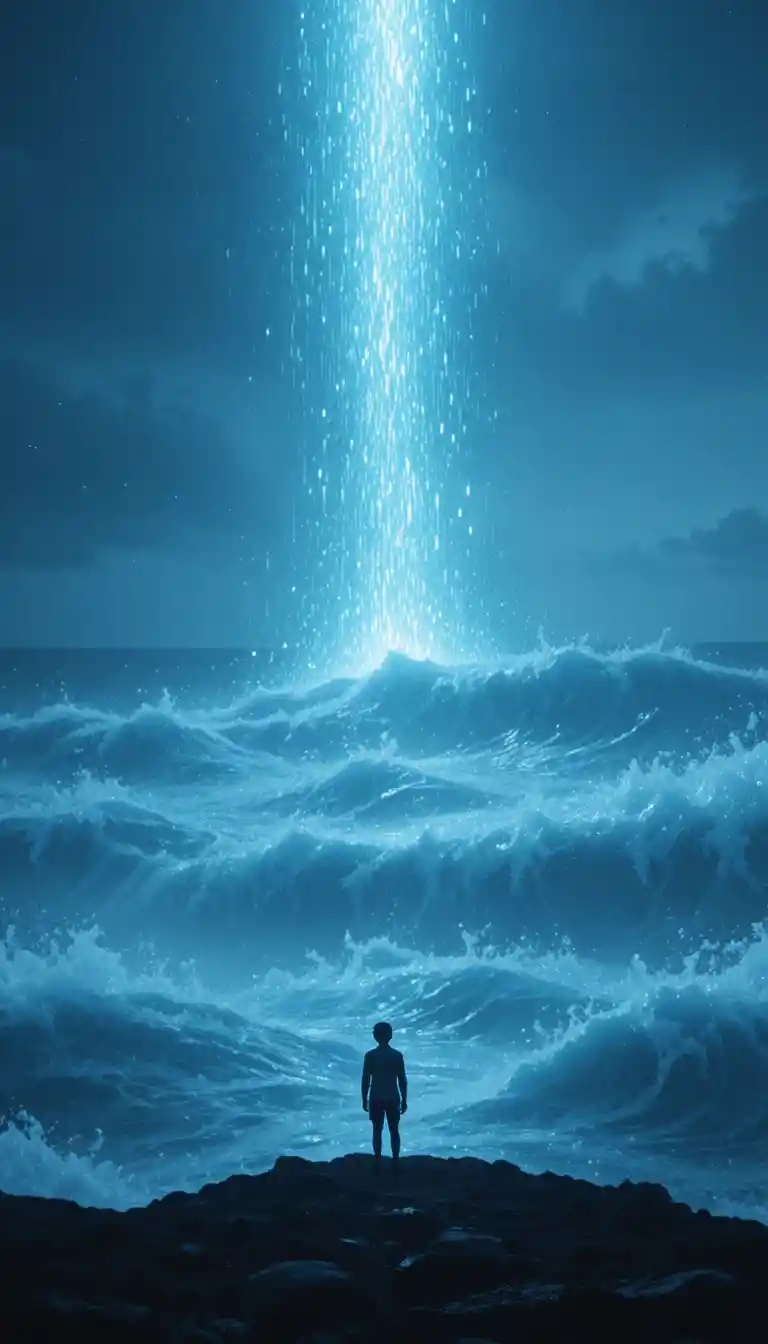 Afrofuturistic figure watching a glowing ocean of light