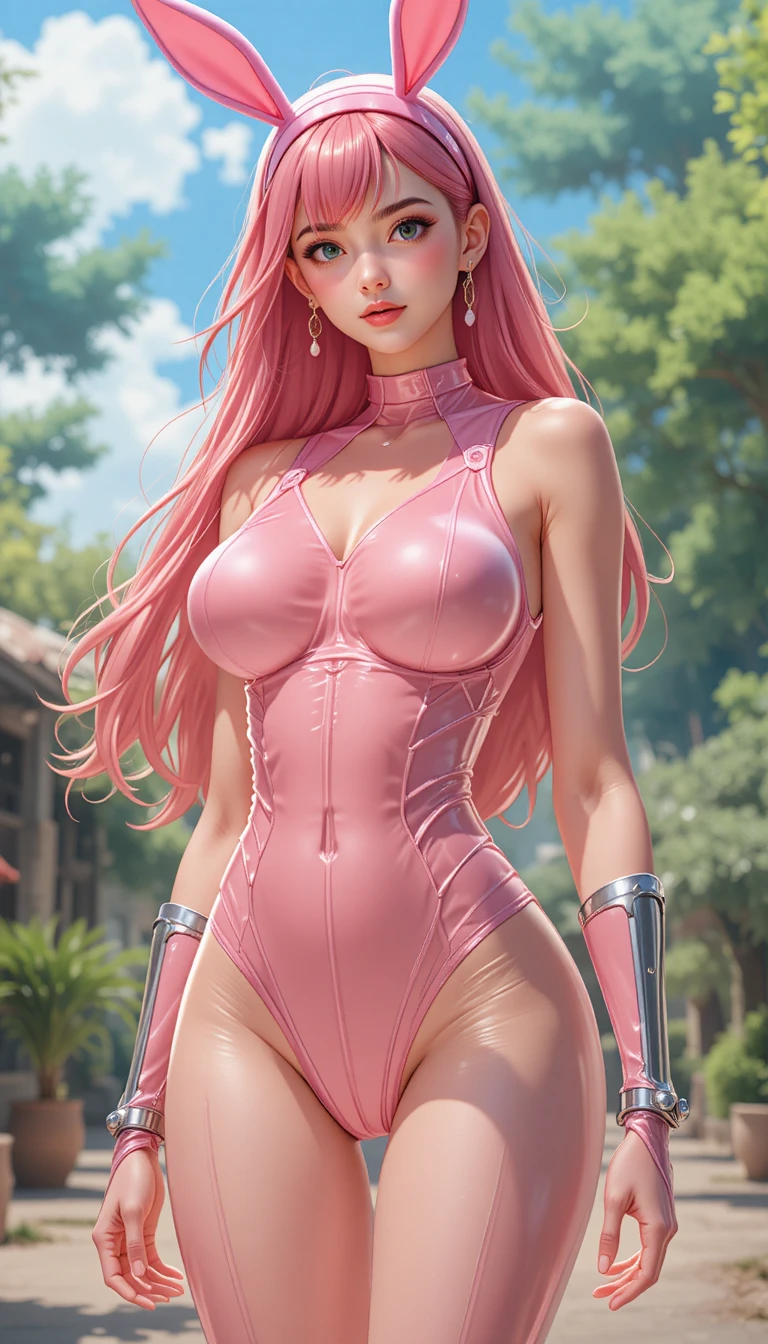 Anime woman in pink bunny outfit under bright daylight