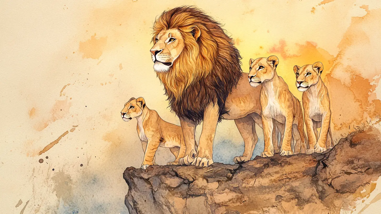 Lion pride on a cliff in soft watercolor illustration