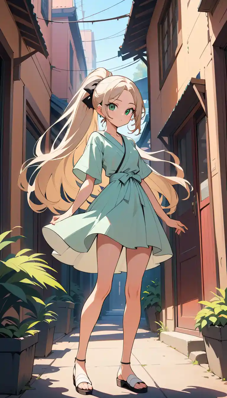 Confident anime woman in sunlight on a bright outdoor day