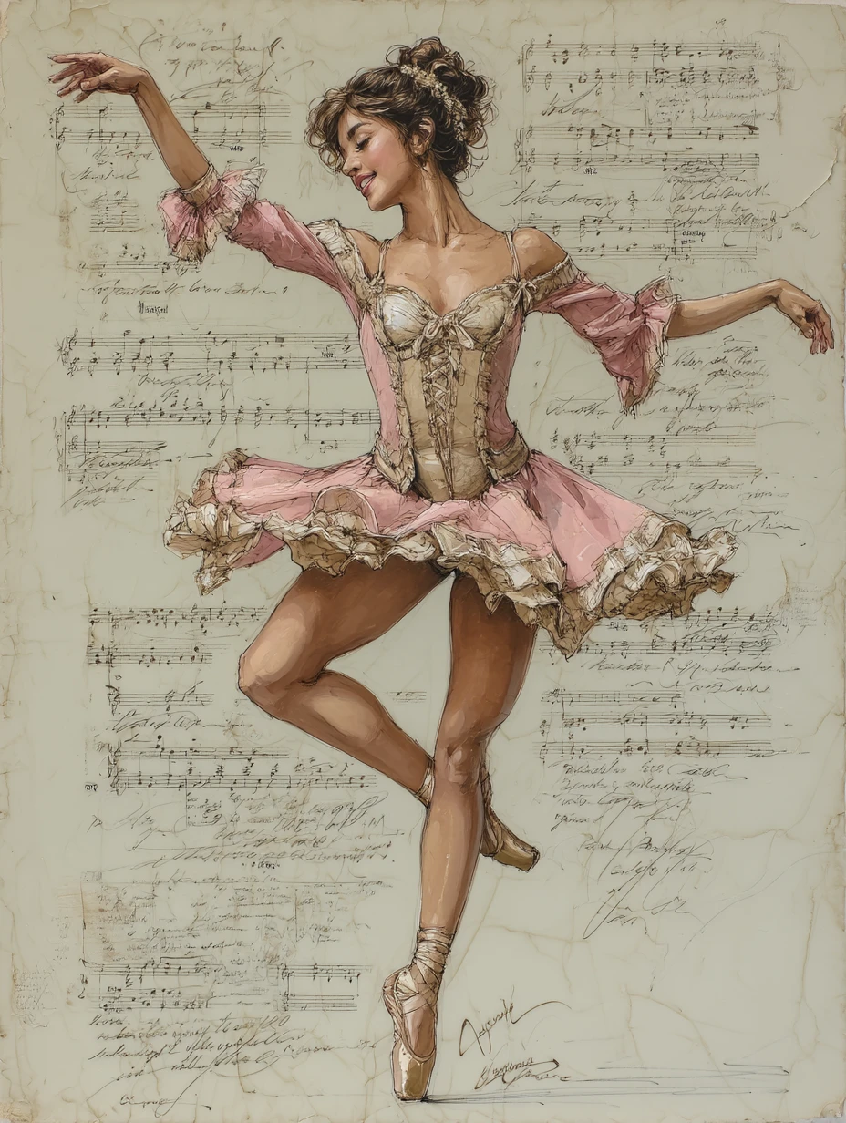 Watercolor ballerina silhouette dancing on vintage music paper