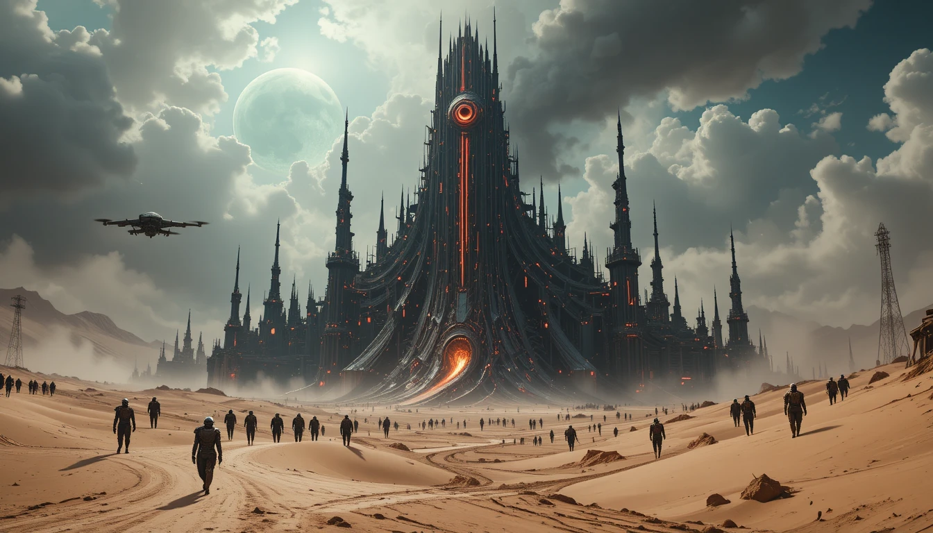 Cyberpunk fortress dominating a molten wasteland under red sky