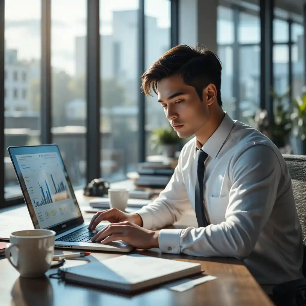 Young professional focused at laptop in modern daylight office
