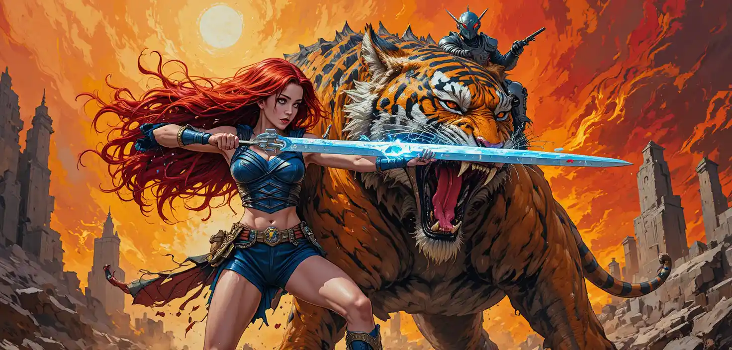 Rothaarige Kriegerin kämpft in Ruinen gegen riesigen Tiger