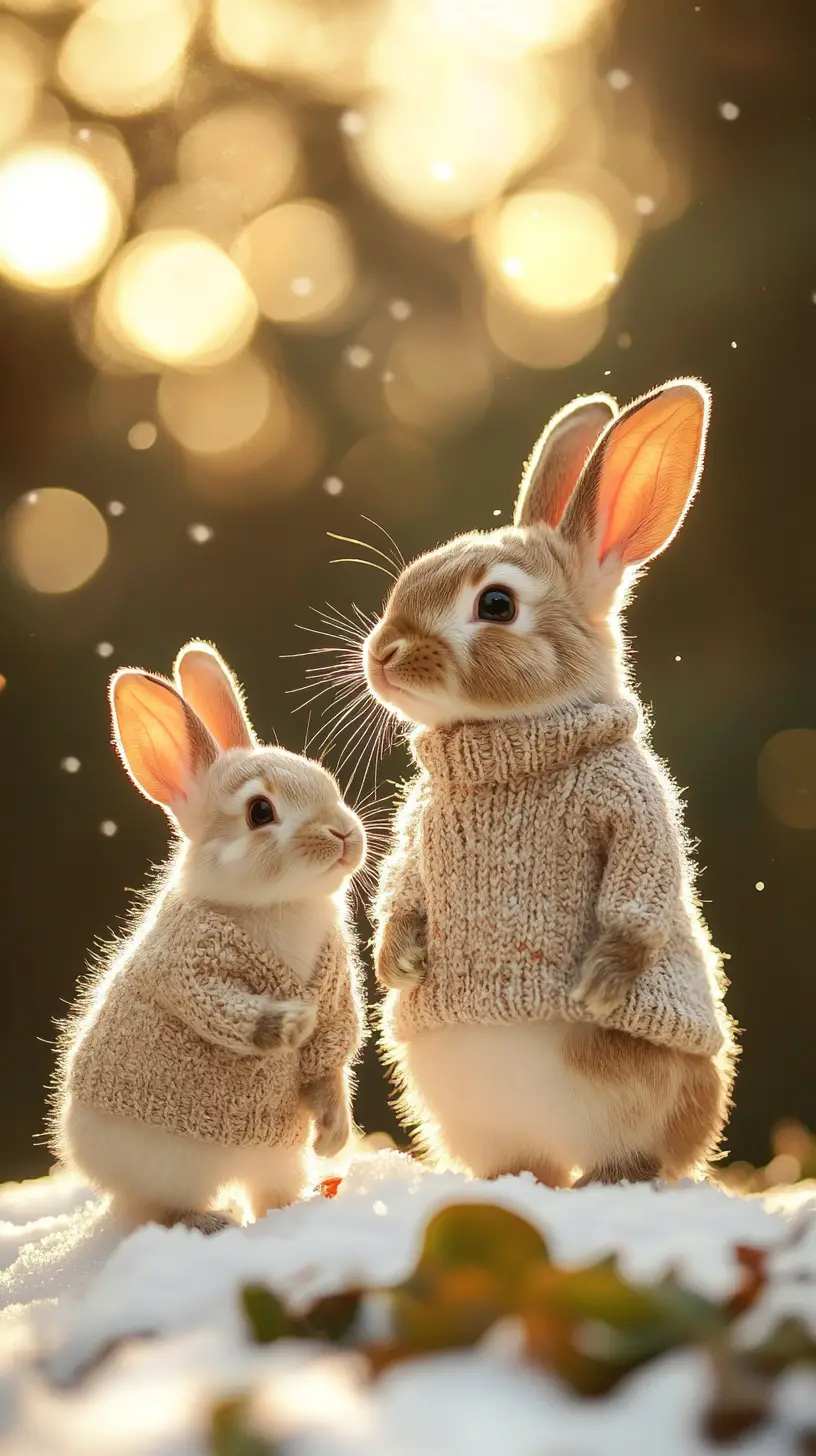 Two rabbits in sweaters standing together in winter snow