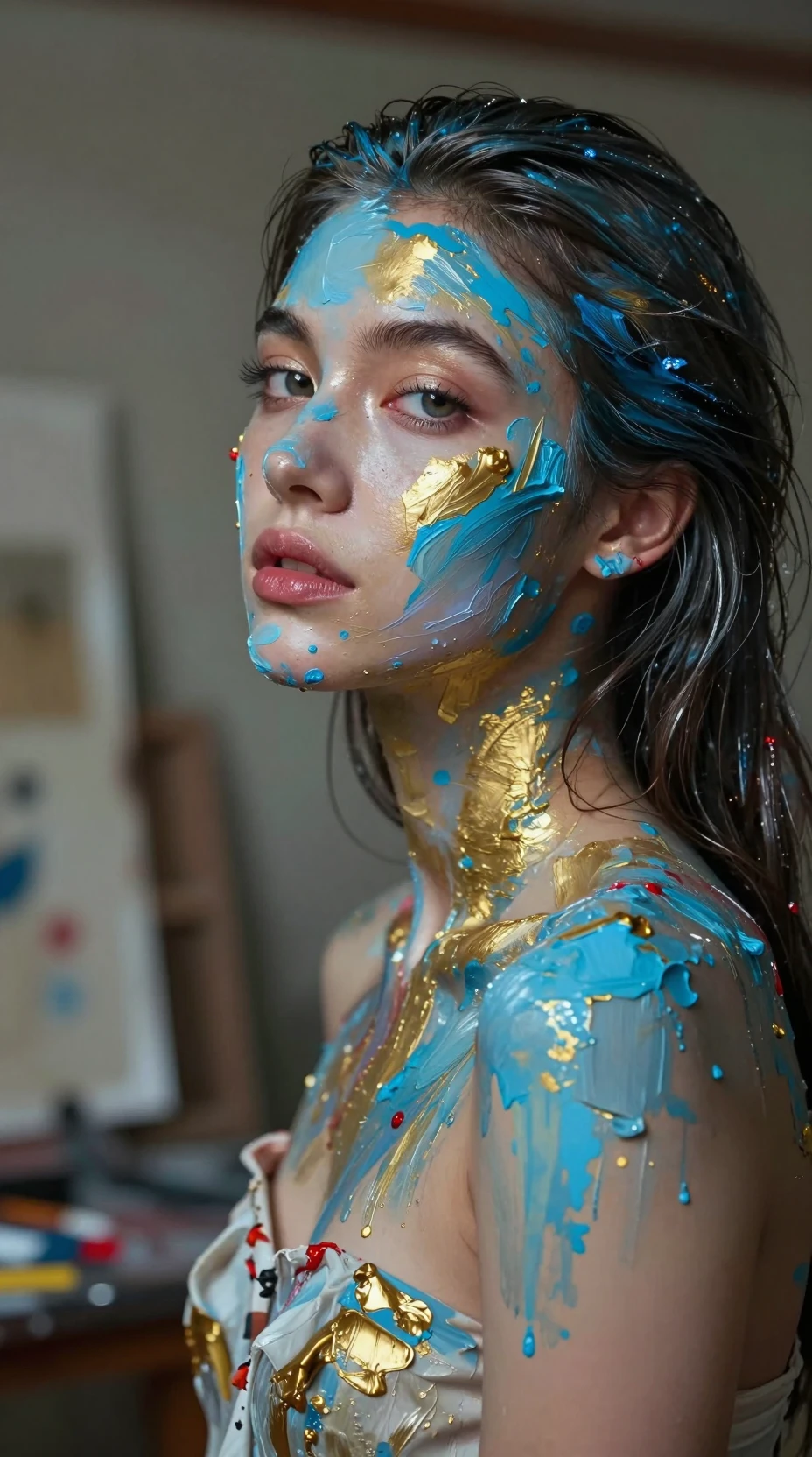 Cinematic portrait of a painted model in an artist studio