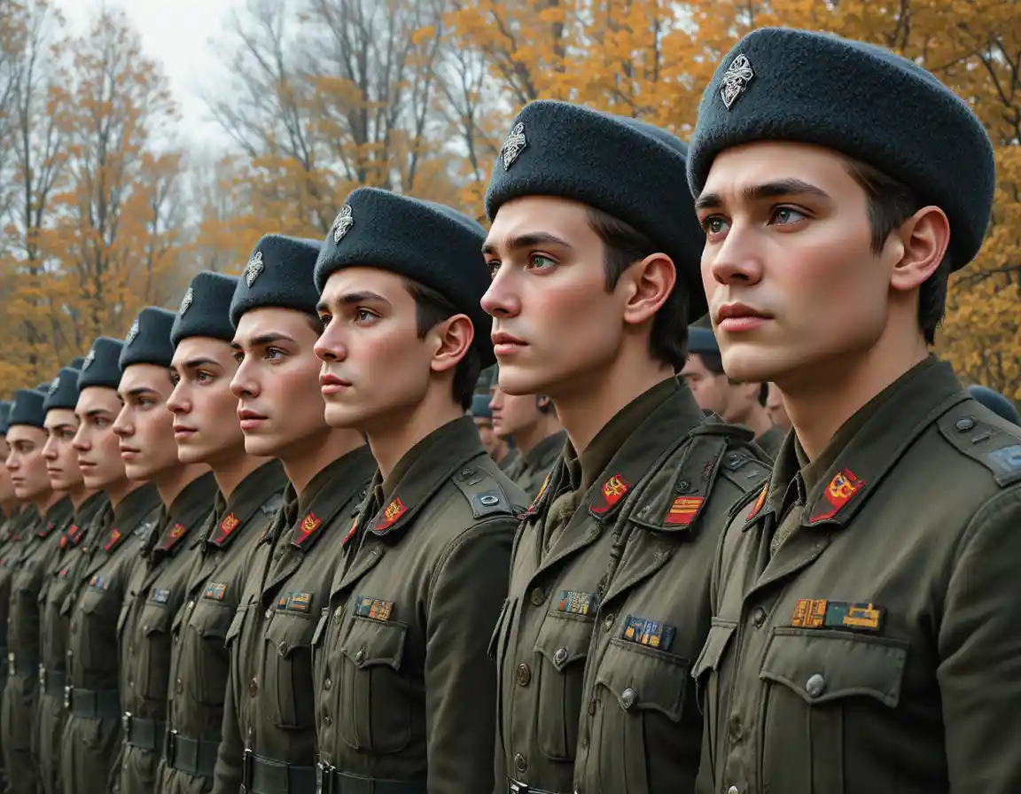 Young soldiers in green uniforms standing in solemn formation