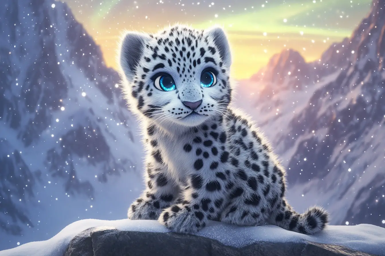 Snow leopard cub on a snowy Himalayan mountain ledge