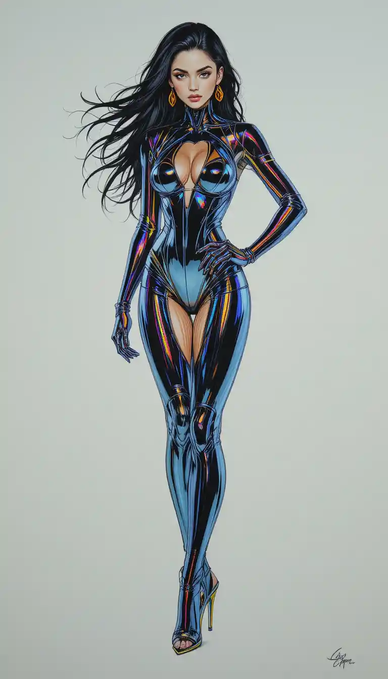 Chrome cyberpunk woman in dynamic full body pose drawing