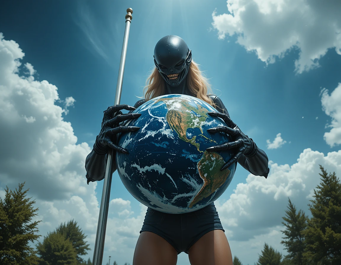 Blonde woman in denim shorts raising a flagpole outdoors