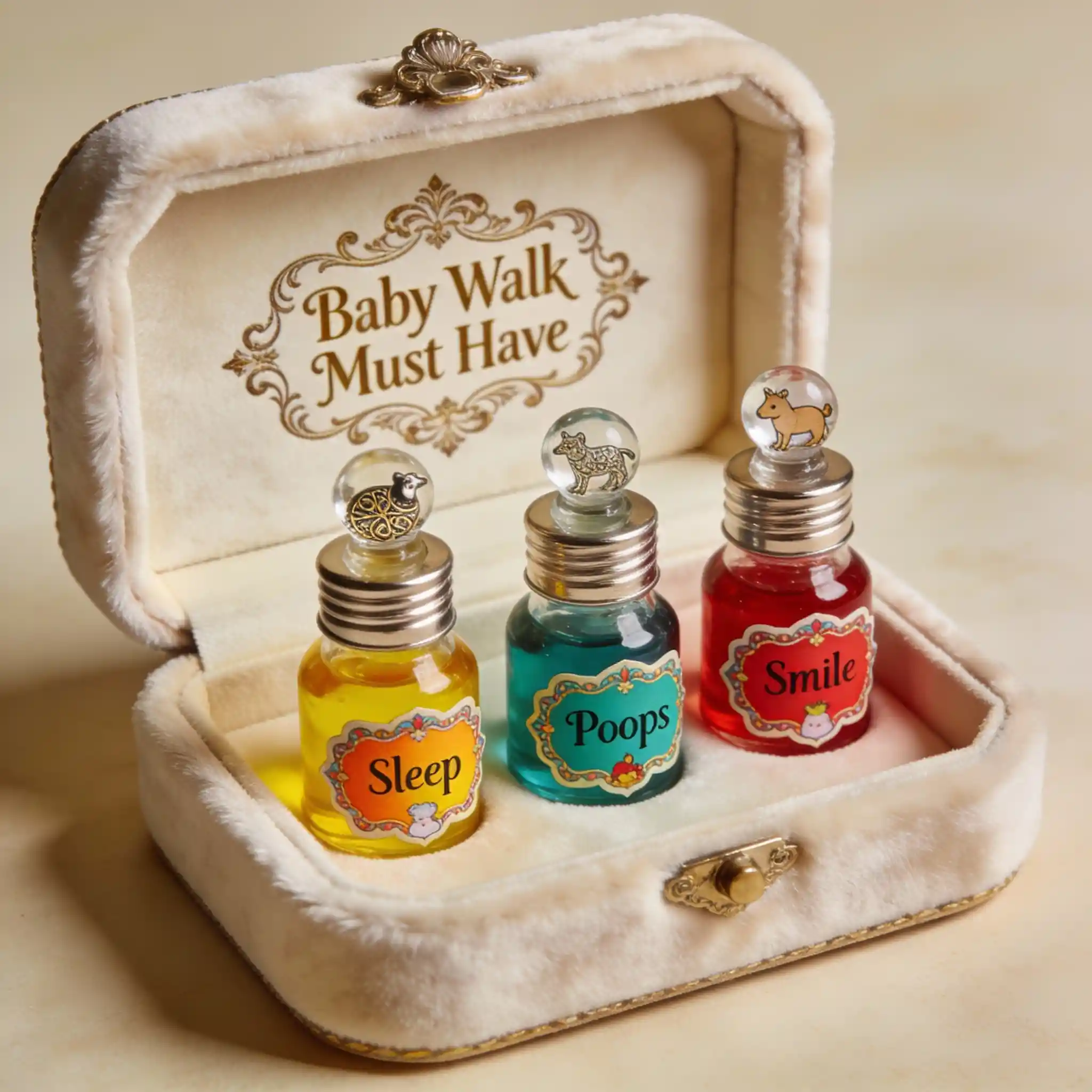 Vintage jewelry box with colorful baby themed potion bottles