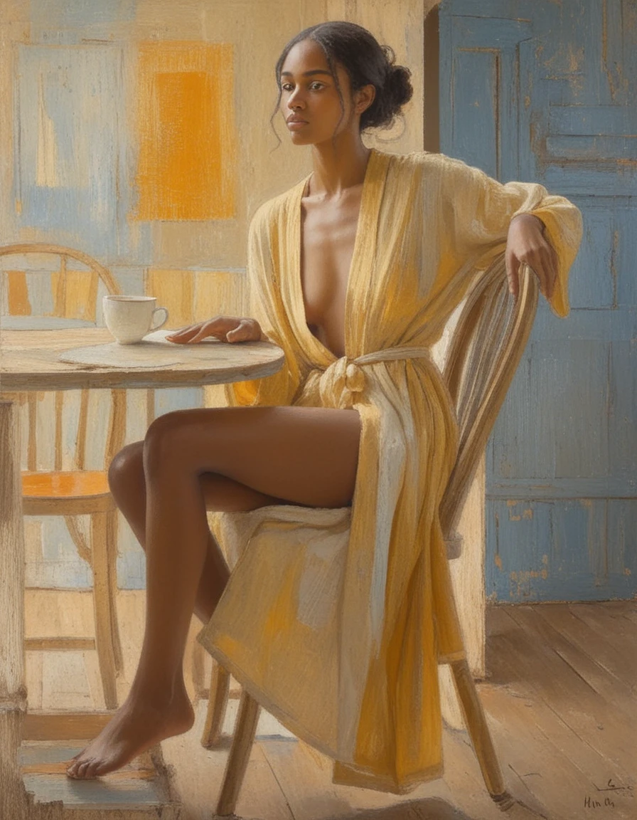 Young woman reading in warm impressionist interior scene