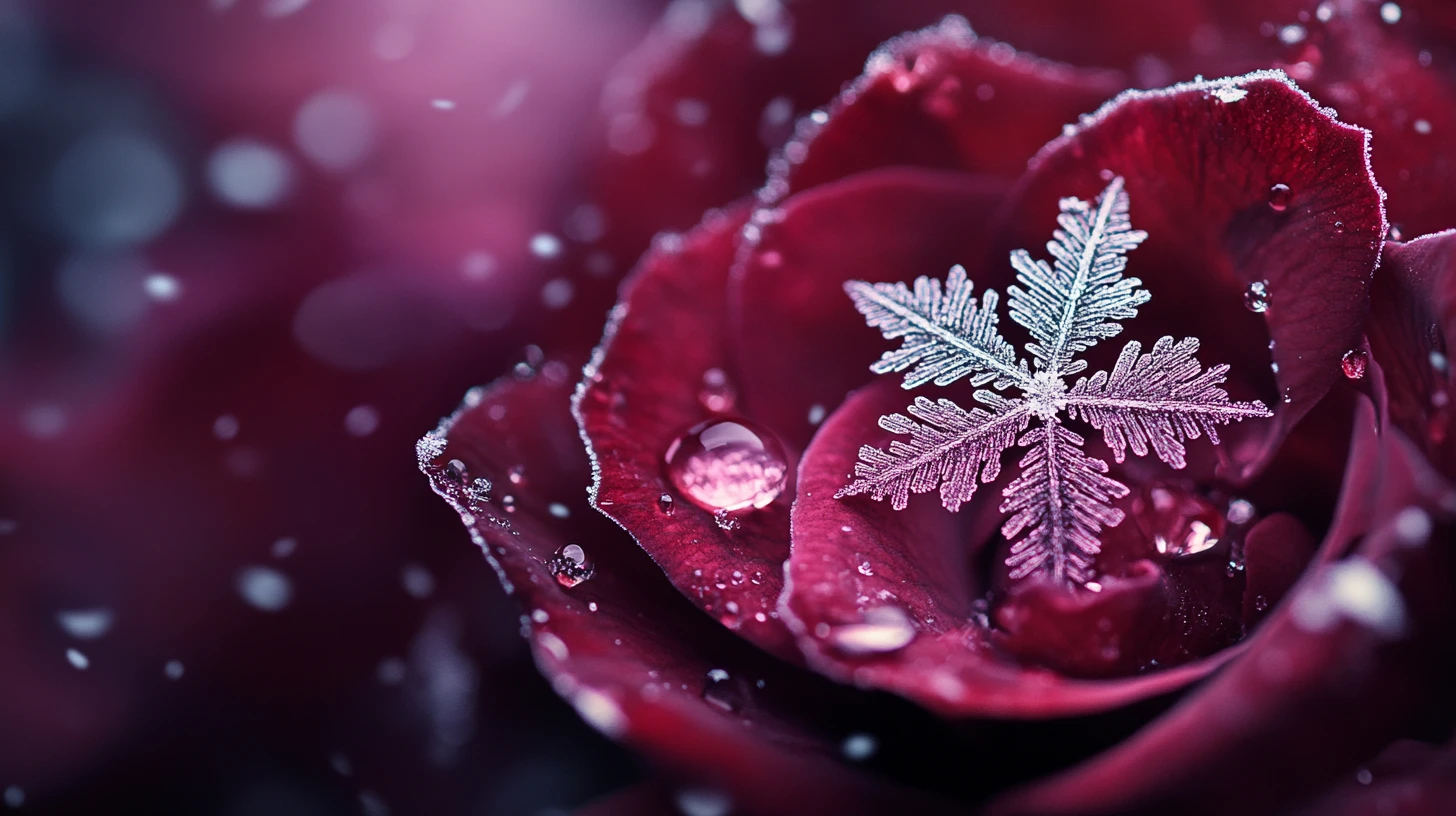 Flocon de neige en macro sur pétale de rose sombre glacé dans une scène fantastique