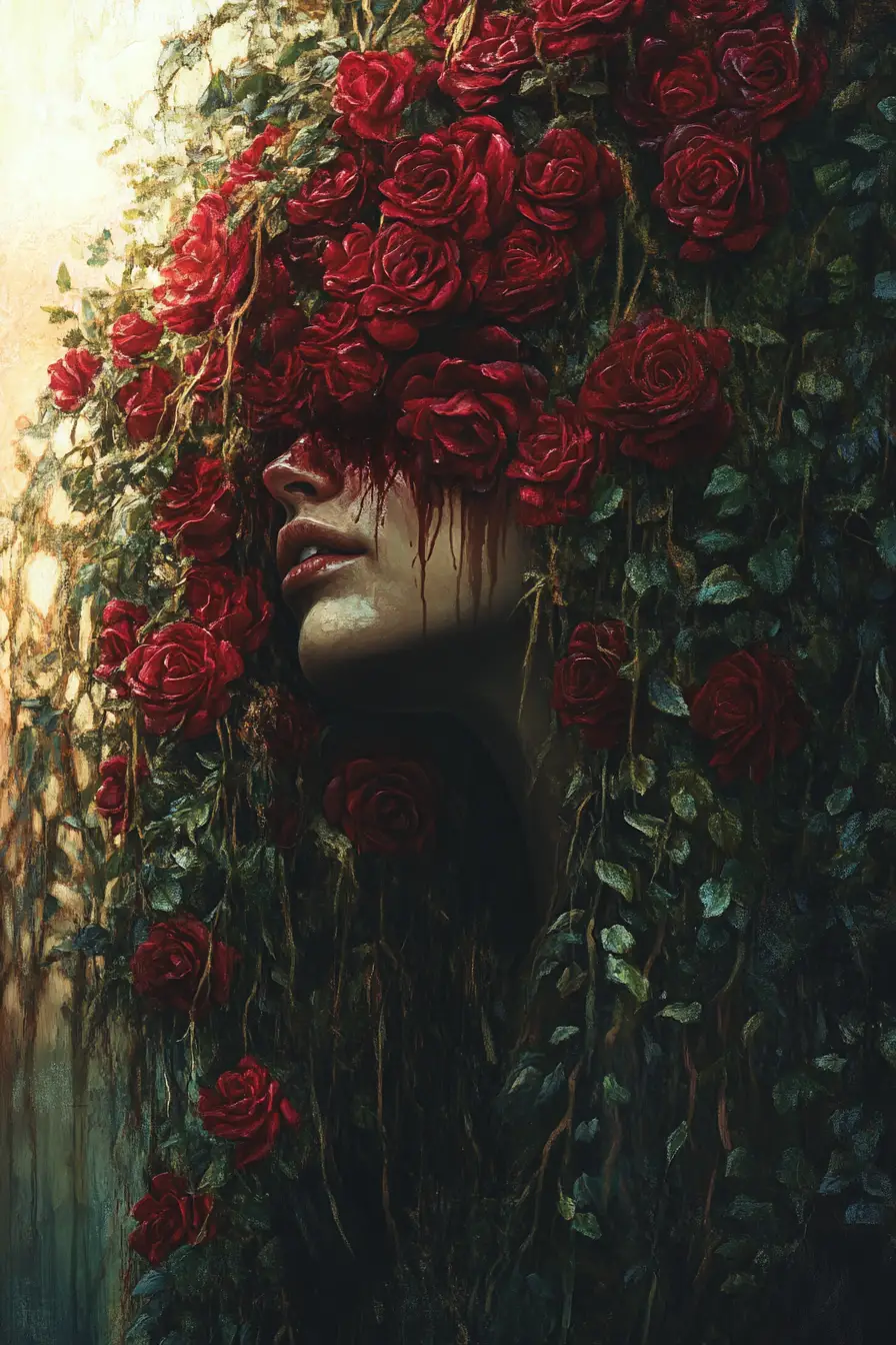 Surreal monster emerging beside cascading red rose curtain