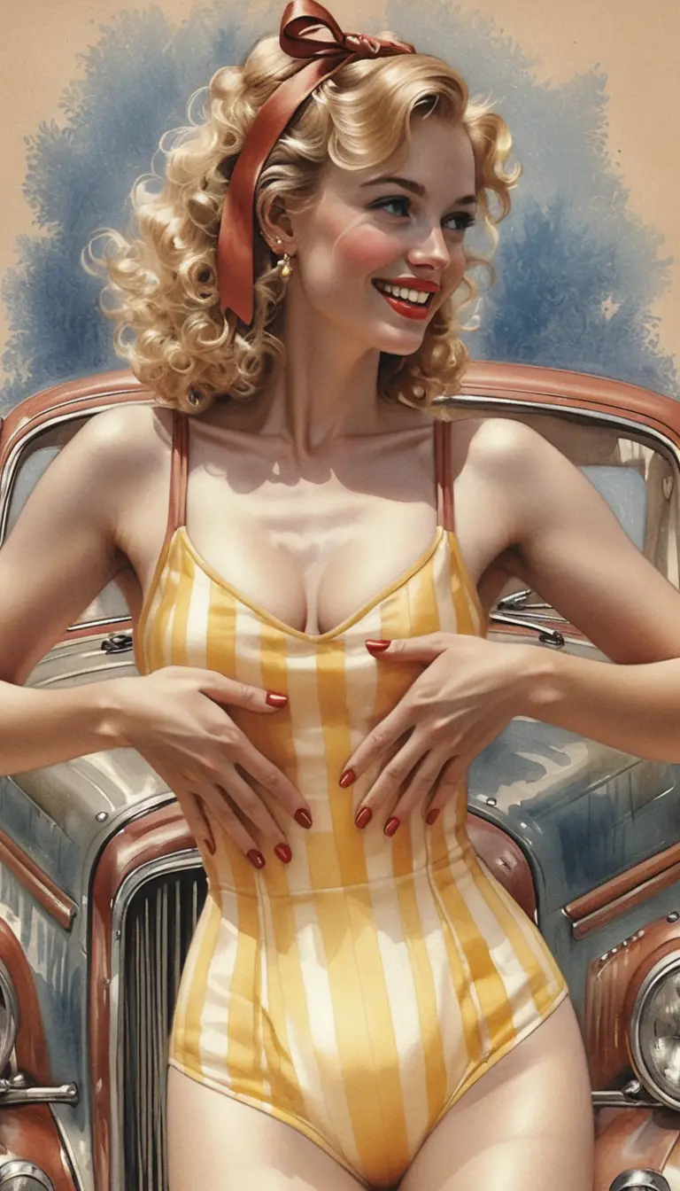 Blonde woman on red vintage car in gouache portrait