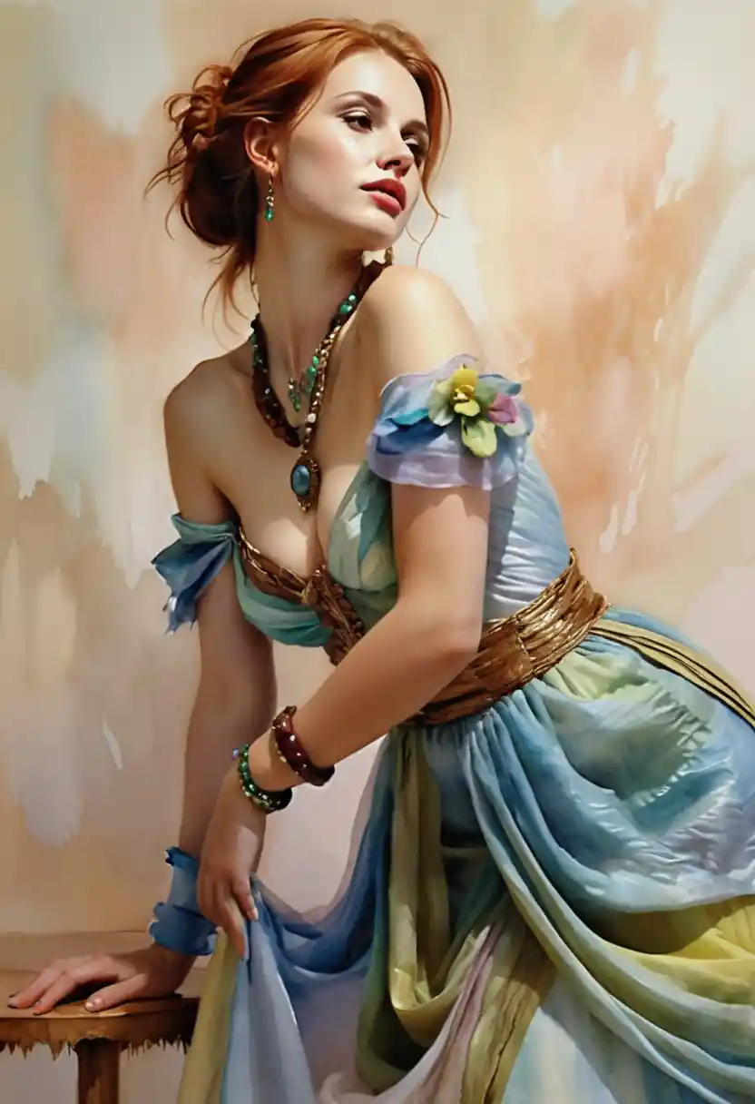 Dreamy red haired girl seated in a colorful pastel dress