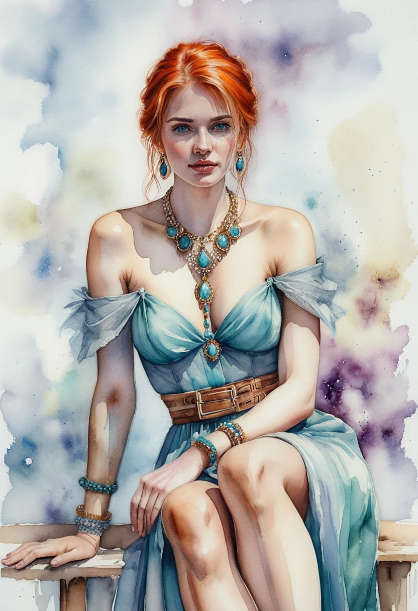 Red haired girl in pastel dress sitting on wooden stool
