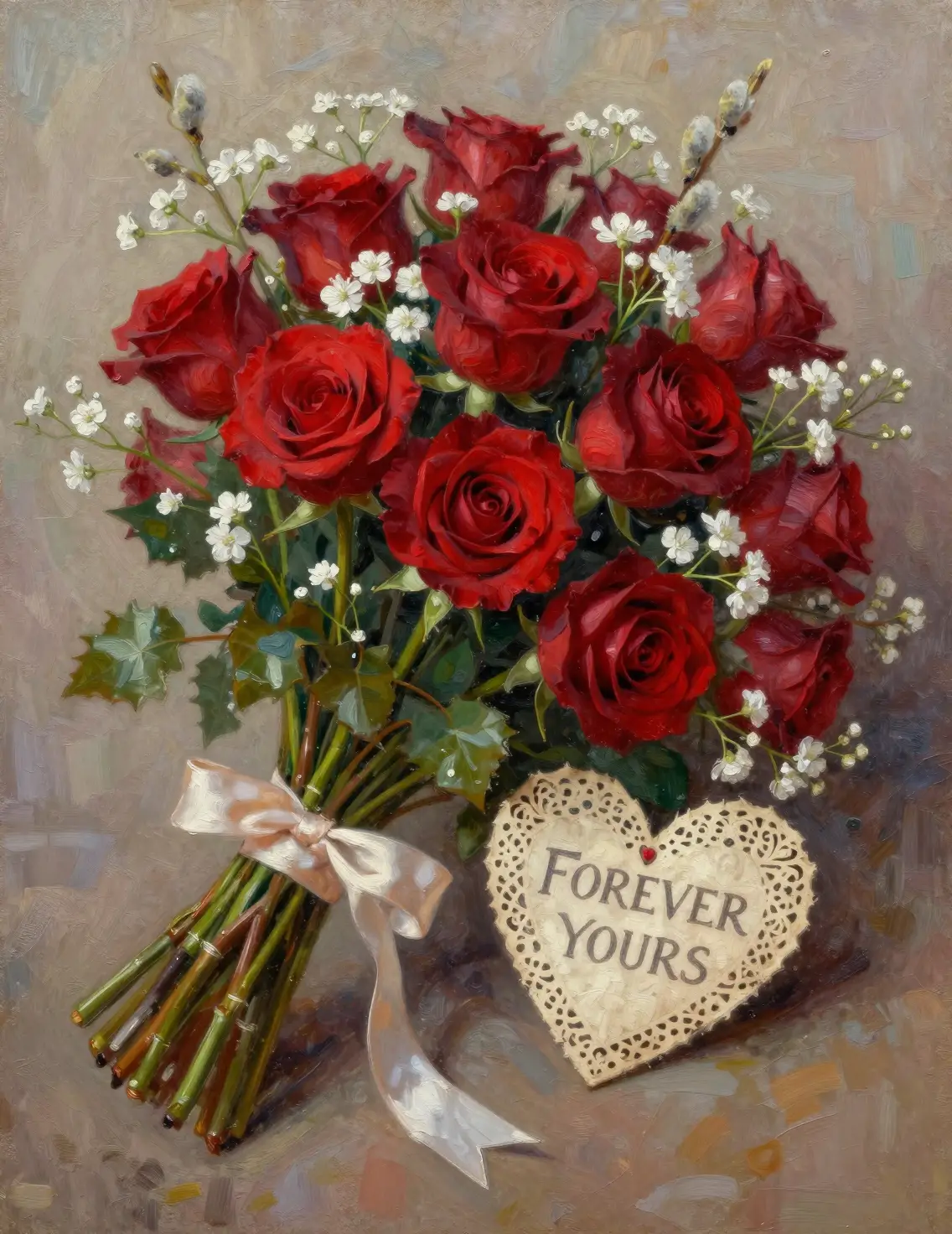 Romantic oil painting of roses and a paper heart