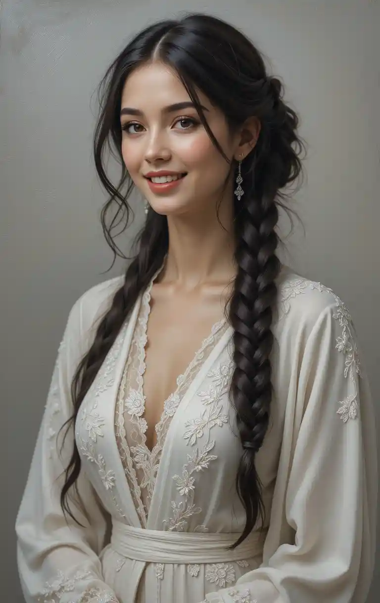 Elegant woman in white lace robe oil painting portrait