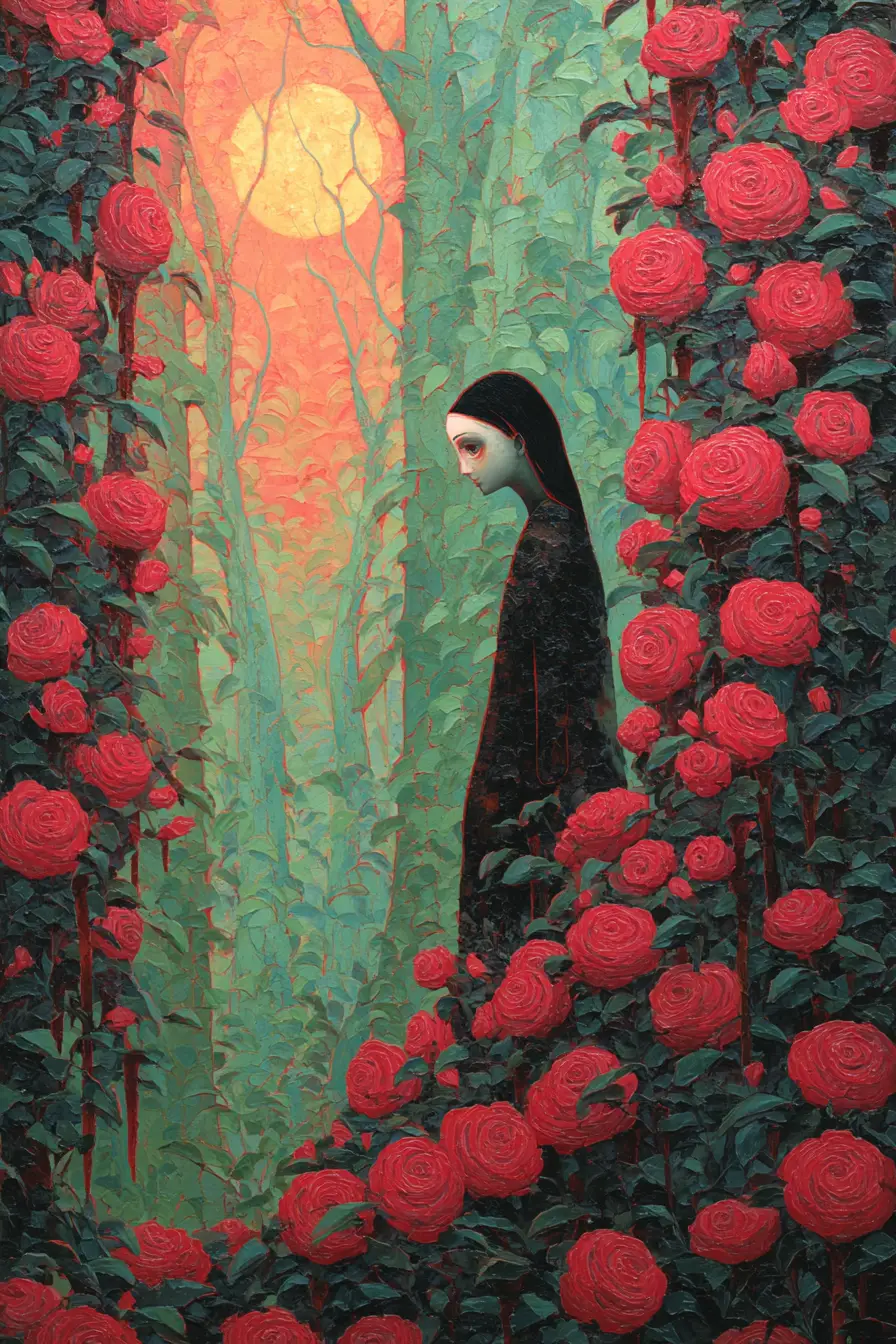 Surreal monster emerging beside cascading red rose curtain